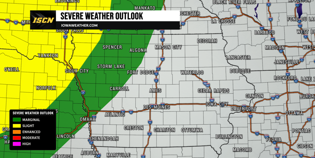 Monday Severe Weather Outlook for Iowa - IowaWeather.com Map showing severe weather outlook across Iowa and surrounding states; green = marginal, yellow = slight; banner reads 'SEVERE WEATHER OUTLOOK' from IowaWeather.com in the top-left.