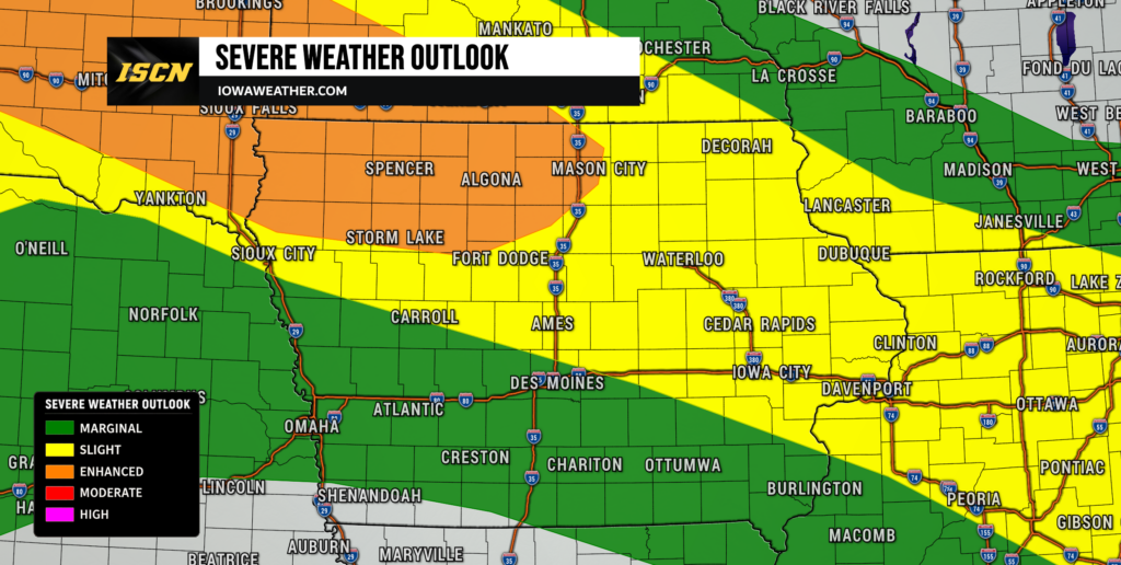 Informational weather map showing severe weather outlook across Iowa and surrounding states with color bands (green marginal, yellow slight, orange enhanced, red moderate, purple high) and a top banner reading'Severe Weather Outlook'.