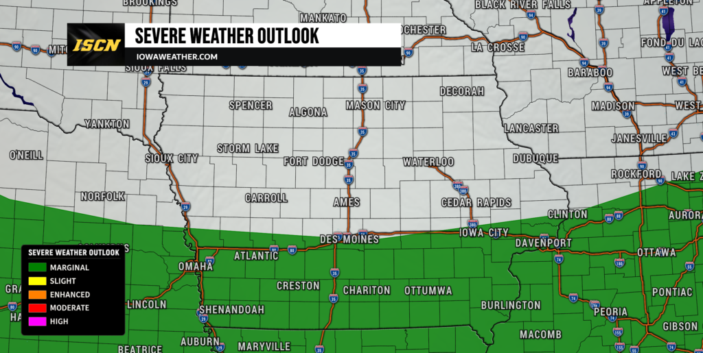 Saturday Severe Weather - IowaWeather.com Map showing Iowa region with a'Severe Weather Outlook' banner; green shaded area along the southern border indicates marginal risk; legend is in the bottom-left.