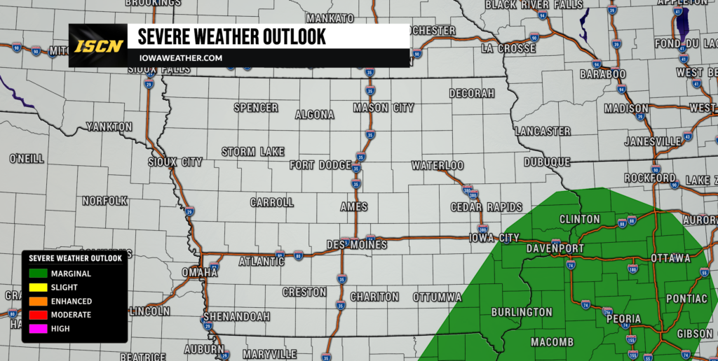 Severe Weather Outlook Wednesday - IowaWeather.com Severe Weather Outlook banner over a Midwest map with I-35 corridor and green marginal area to the southeast; legend in bottom-left.