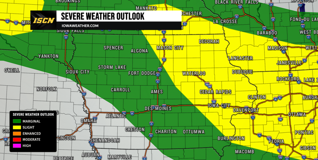 Severe Weather Outlook for Iowa Sunday - IowaWeather.com Severe weather outlook map showing green marginal and yellow slight risk areas across Iowa and surrounding states, with an ISCN banner and legend.