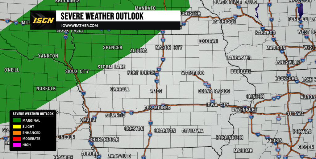 Severe weather outlook map with a green marginal risk area across western Iowa and nearby regions; legend at bottom-left.