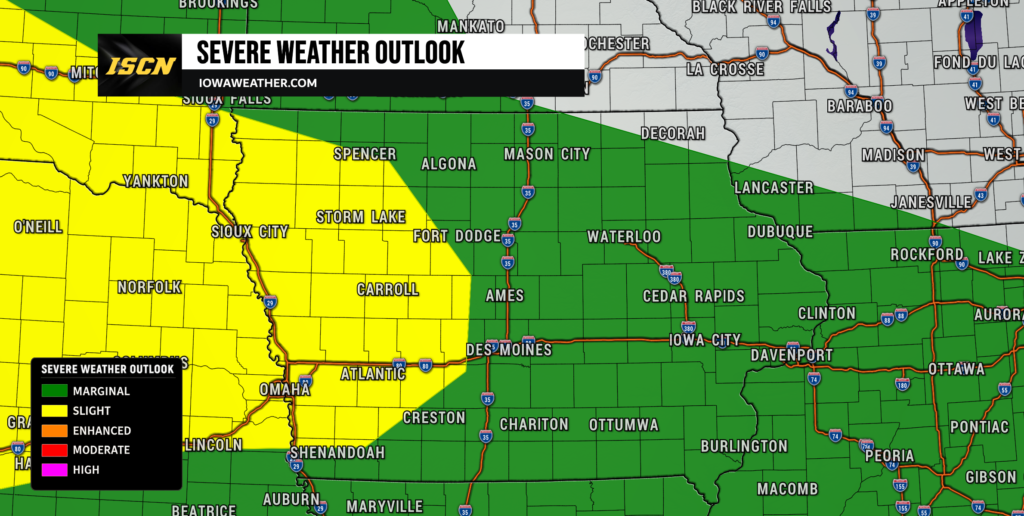 Severe Weather Outlook for Iowa Thursday morning - IowaWeather.com Severe weather outlook map showing marginal (green) and slight (yellow) risk areas across Iowa and surrounding states, with an ISC banner at the top left.