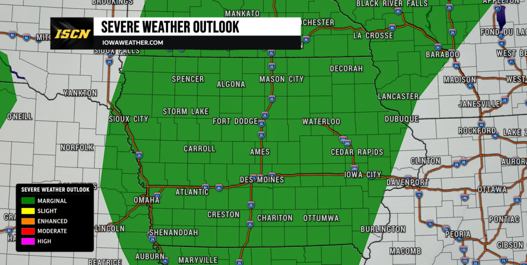 Regional severe weather outlook map showing green areas indicating marginal risk across central Iowa and surrounding states; ISCN banner in top-left and legend in bottom-left.