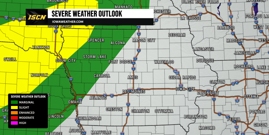 Severe Weather Outlook for Iowa on Monday - IowaWeather.com Severe weather outlook map with color bands (green to purple) across the region and a bottom-left legend; ISCN banner reads Severe Weather Outlook IowaWeather.com nearby.