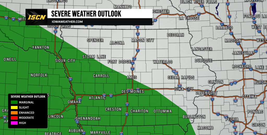 Weather map showing a severe weather outlook; green shading indicates marginal risk, with a legend in the lower-left corner.