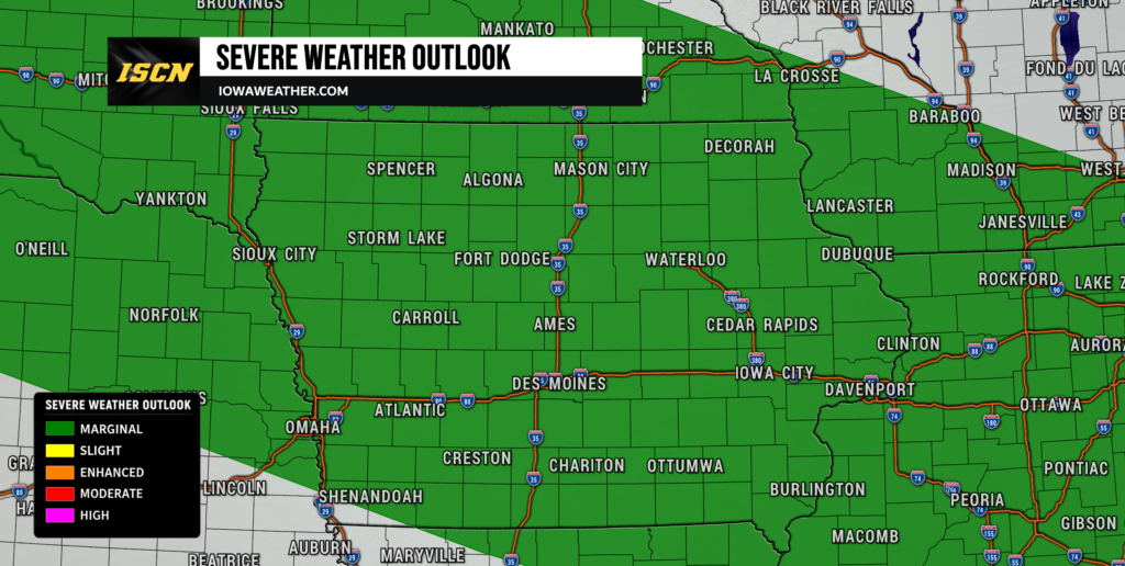 Severe Weather Outlook map with a green (marginal) risk area across the central U.S.; ISCN banner overlays the top left corner.