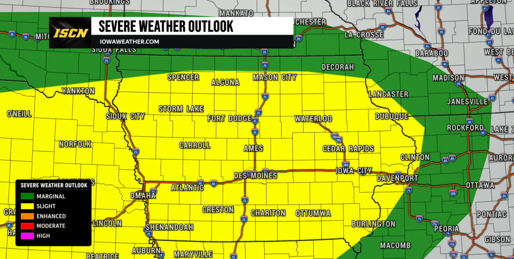 Severe Weather Outlook for Iowa on Tuesday - IowaWeather.com Map of severe weather outlook across Iowa and surrounding counties, with green marginal, yellow slight risk areas and green enhanced risk regions labeled. Key legend shown.