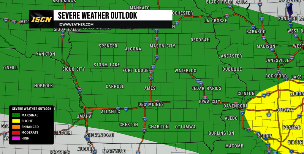 Severe weather outlook map with a banner reading 'SEVERE WEATHER OUTLOOK' and green shaded areas indicating marginal risk across Iowa and surrounding states; legend shows marginal (green), slight (yellow), enhanced (orange), moderate (red), high (magenta).