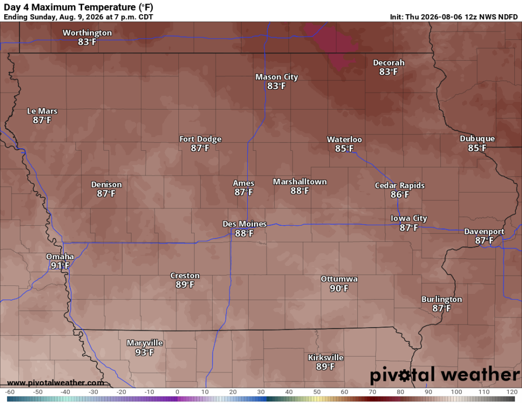 Forecast High Temperatures in Iowa on Sunday, August 9th, 2026