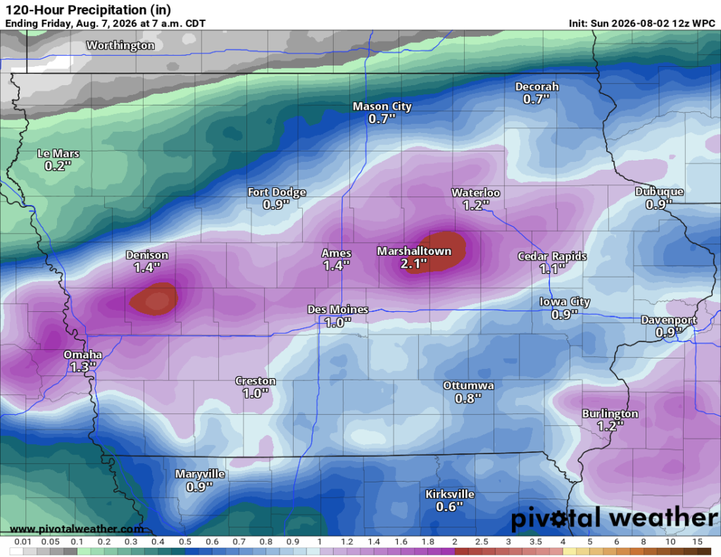 Weather map displaying 120-hour precipitation (in inches) across the region, with color bands and city labels. Heaviest rainfall near Marshalltown (about 2.1 inches) and surrounding areas shows red to purple shading, lighter amounts toward the north and west.