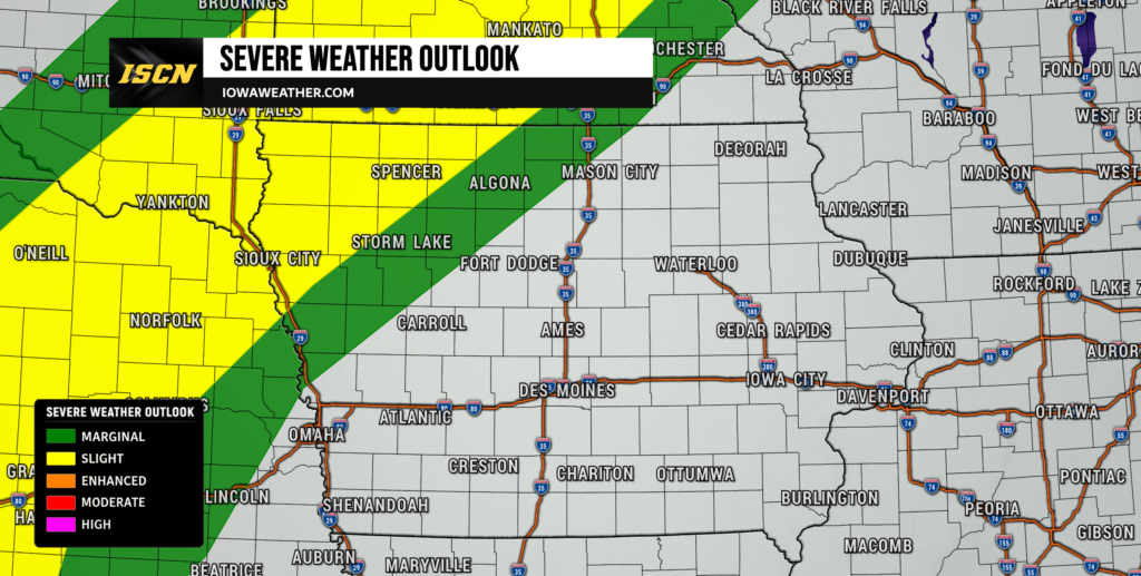 Severe Weather Outlook banner over a regional map showing green and yellow diagonal bands indicating risk, with a legend in the lower-left corner.