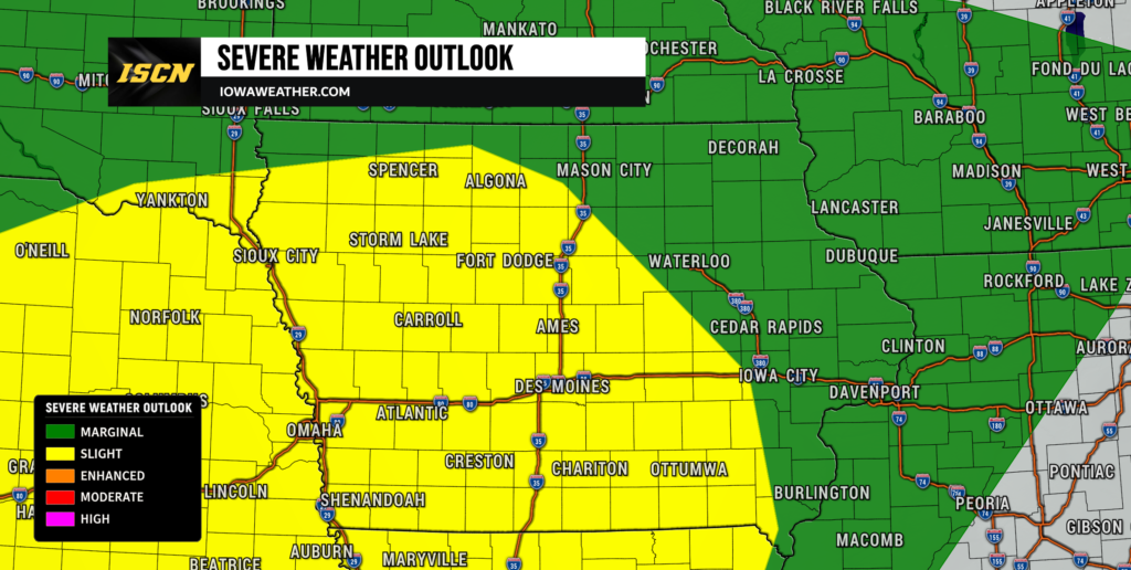 Tuesday Severe Weather Outlook for Iowa - IowaWeather.com Severe Weather Outlook map with a yellow slight-risk area across western and central Iowa; green is marginal risk elsewhere; legend shows risk levels (slight, marginal, enhanced, moderate, high).