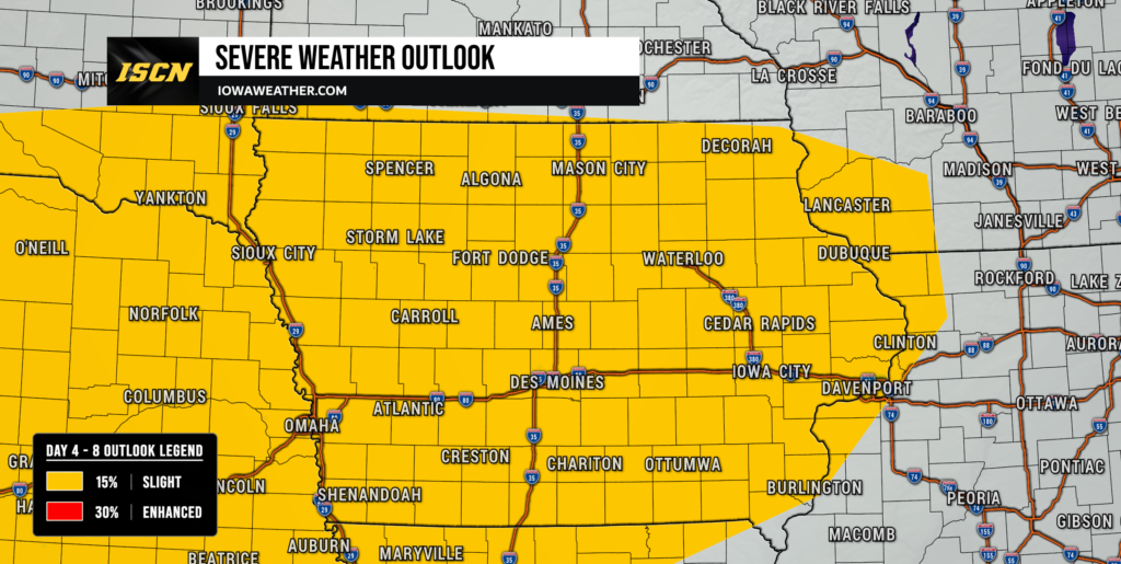 Tuesday Severe Weather Outlook for Iowa - IowaWeather.com Weather map showing Day 4-8 severe weather outlook with a broad yellow shading indicating a slight risk across southern Iowa, eastern Nebraska, western Illinois, northern Missouri; legend bottom-left shows 15% slight and 30% enhanced. The banner reads'Severe Weather Outlook' by IowaWeather.com.