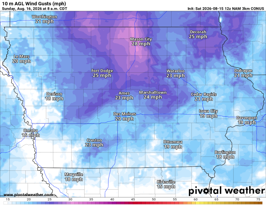 Wind Gust Forecast for Iowa - IowaWeather.com Weather map of 10 m AGL wind gusts (mph) across Iowa; Mason City 28 mph, Fort Dodge 25 mph, Ames 23 mph, Des Moines 20 mph, Marshalltown 24 mph, Cedar Rapids 21 mph, surrounding towns shown with speeds down to 15 mph in the south.
