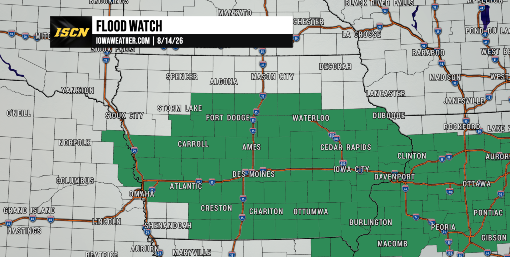 flood watch - IowaWeather.com Bannered weather map showing a flood watch alert across southern Iowa with a green flood-area overlay on the map and an ISC N-style logo.