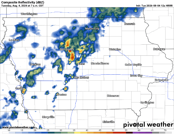 floop-hrrr-2026080412refcmpus_state_ia - IowaWeather.com Radar image of central Iowa showing thunderstorms around Fort Dodge and Mason City with heavy rainfall (yellow/red) and lighter showers elsewhere.
