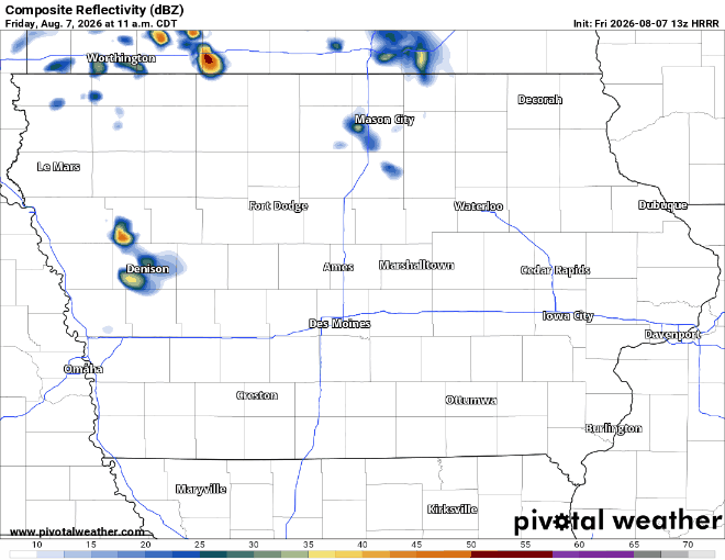 Radar map of Iowa showing scattered thunderstorms, with stronger echoes near Denison and Mason City; valid Fri, Aug 7, 11:00 am CDT.