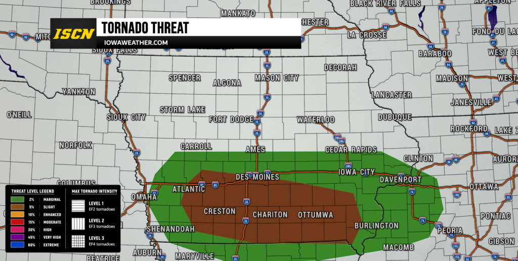 tornado probs - IowaWeather.com Banner reads'TORNADO THREAT' from IOWAWEATHER.COM over a map of central Iowa counties; prominent green and brown threat bands sweep across southern Iowa near Des Moines and Des Moines area labeled counties like Dallas, Polk, and Warren (informational image).