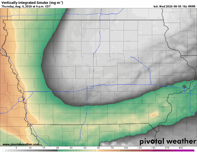 wildfire smoke - IowaWeather.com Map of vertically integrated smoke concentration (mg/m³) across the southwest and plains, showing a western plume with green–orange shading and a gray central area; dated Thu, Aug. 6, 2026 at 4 p.m. CDT with a watermark from pivotalweather.com.