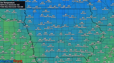 Forecast Low Temperatures Wednesday Morning in Iowa