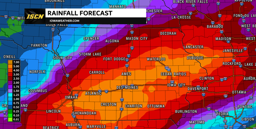Forecast Rainfall amounts in Iowa through 7AM Thursday
