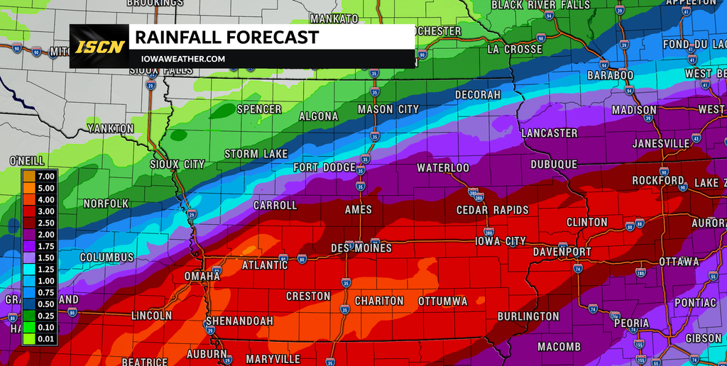 Rainfall forecast amounts for Iowa through Friday.