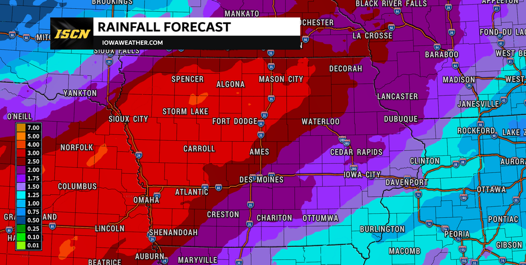 Rainfall forecast through 7AM Saturday for Iowa