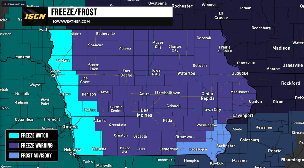 Iowa Freeze Warning, Freeze Watch, and Frost Advisory Map