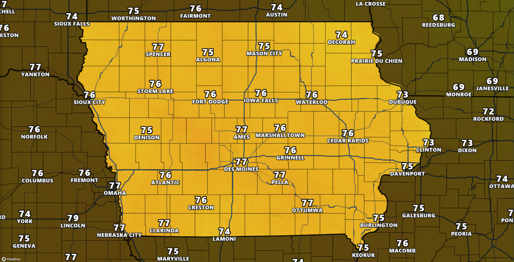 Forecast high temperatures in Iowa on Thursday October 22nd, 2026