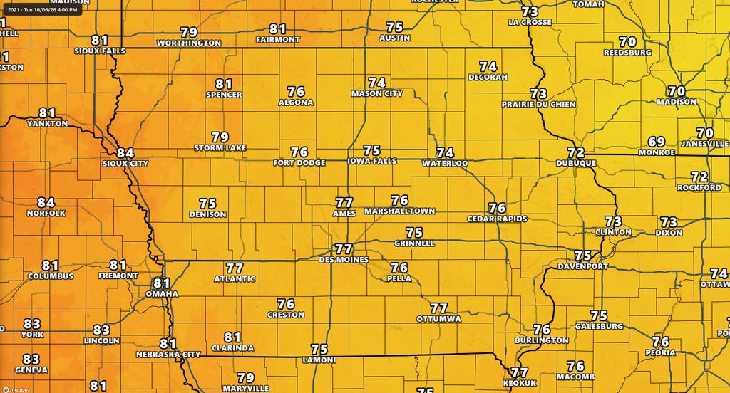 Forecast High Temperatures Tuesday in Iowa