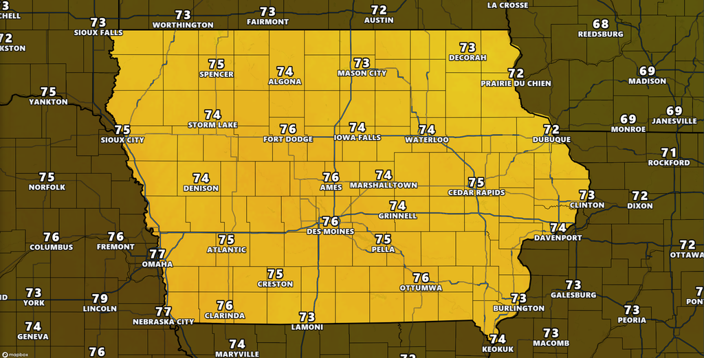Forecast high temperatures in Iowa on Wednesday October 21st, 2026