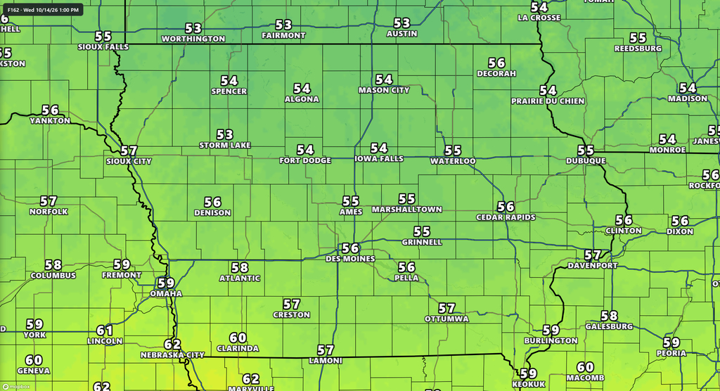 Forecast High Temperatures Wednesday October 14th in Iowa