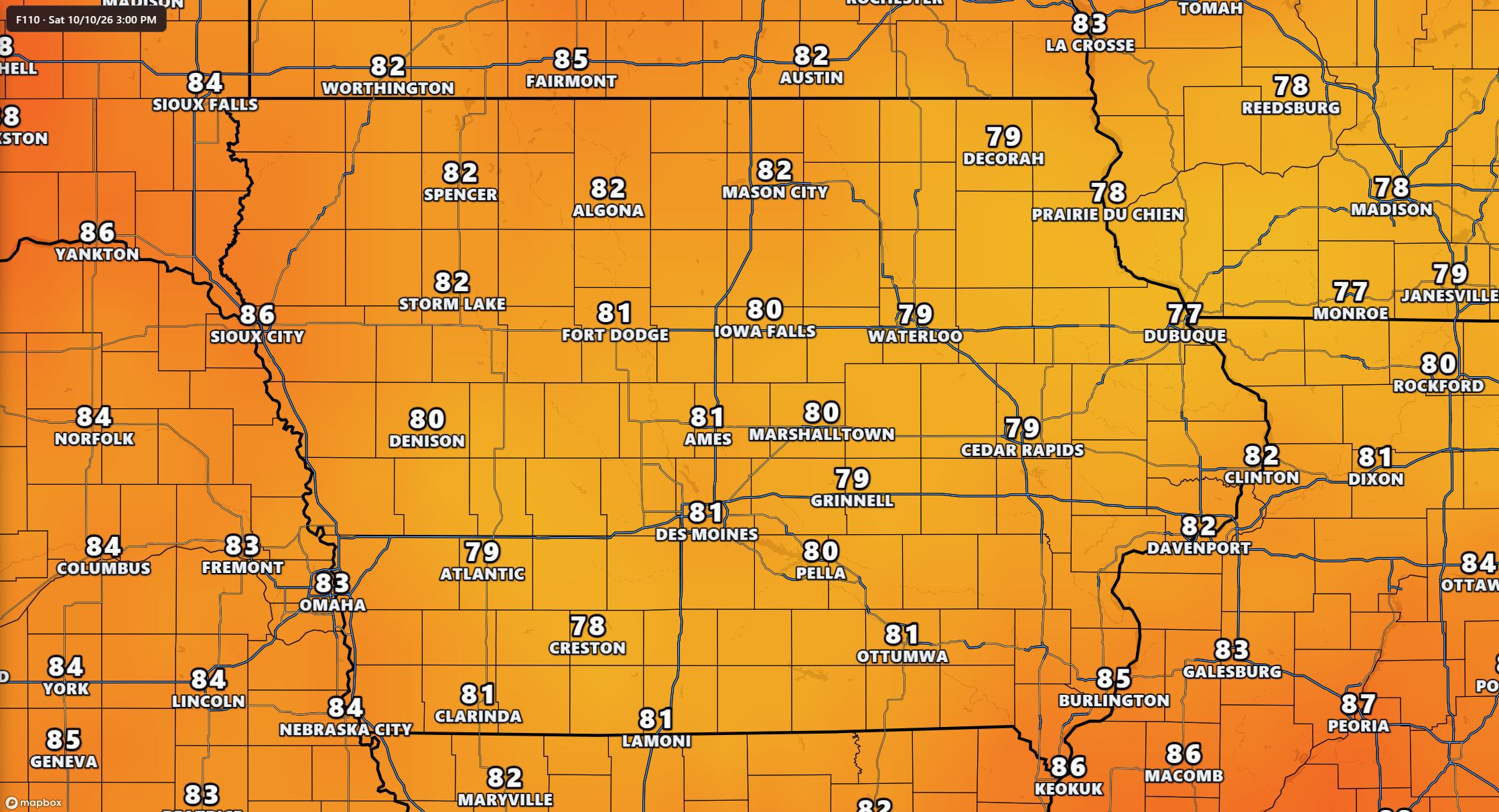Forecast High Temperatures Saturday in Iowa