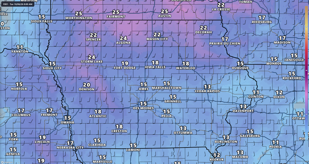 Forecast Wind Gusts Tuesday in Iowa