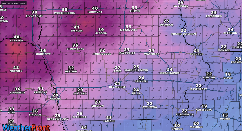 Forecast wind gusts in Iowa on Saturday October 10th, 2026