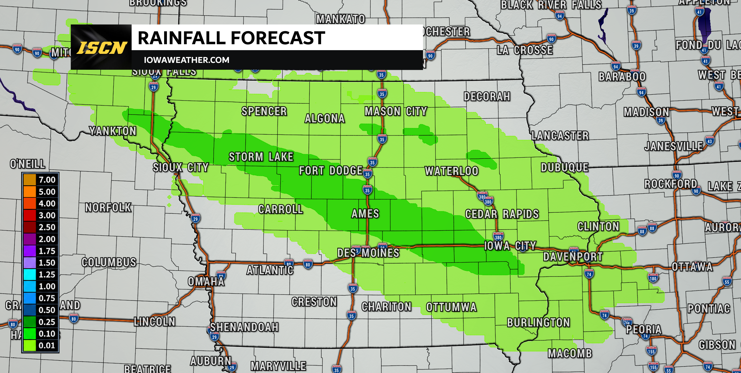 Forecast rainfall in Iowa Thursday into Friday