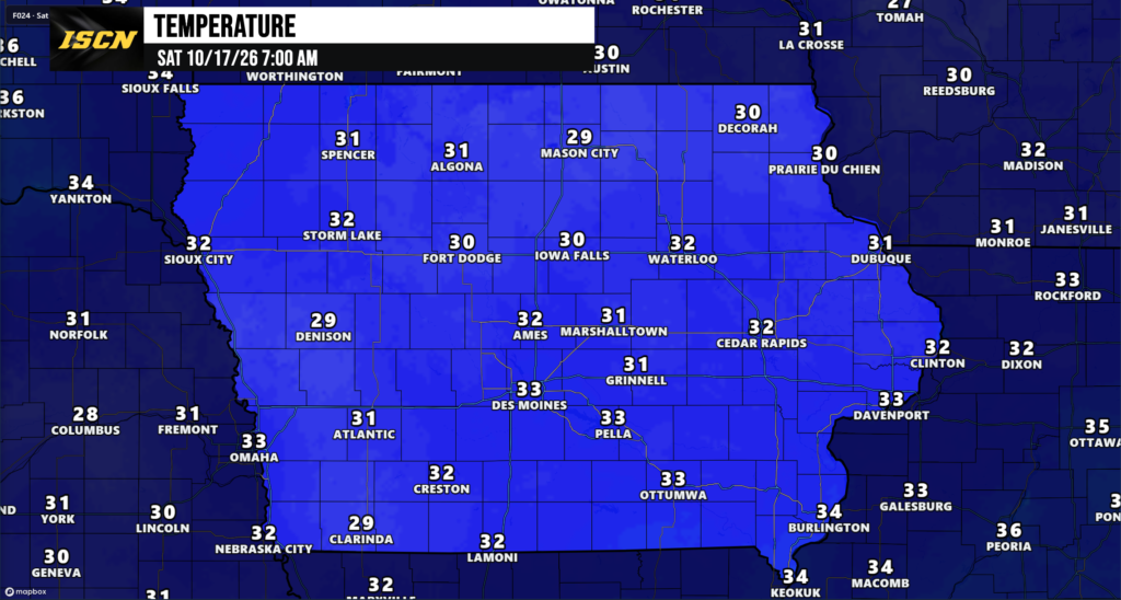 Forecast Temperatures for 7AM Saturday October 17th, 2026 in Iowa